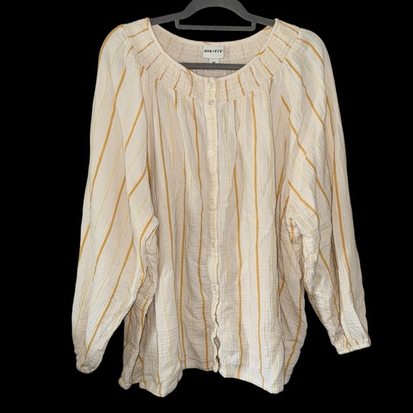 ⬇️Ava & Viv Cream & Yellow Striped Long Sleeve Button Down Top - Picture 2 of 7